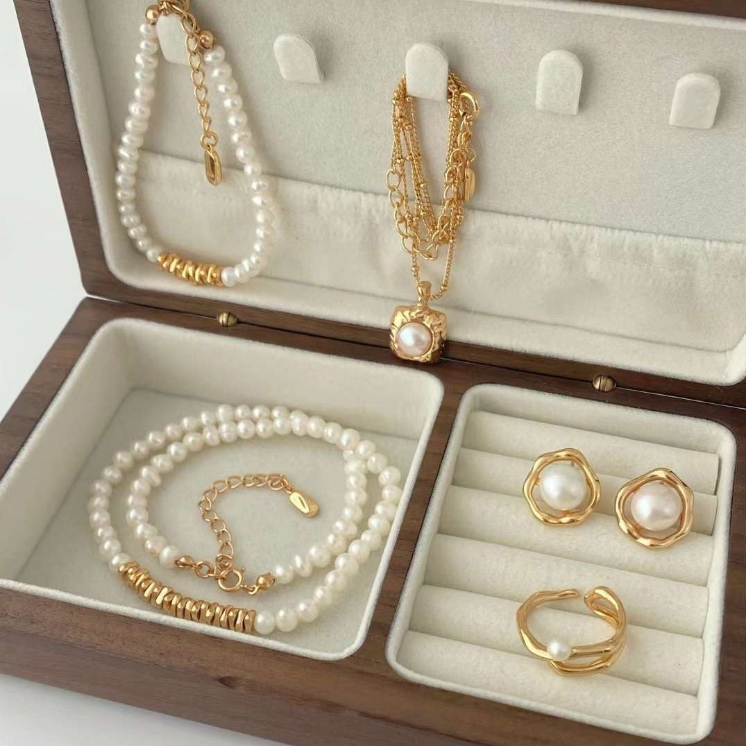 Seymours & Co. Gold Nuggets Pearl Necklace, Ring and Earrings 3 piece Gift Set