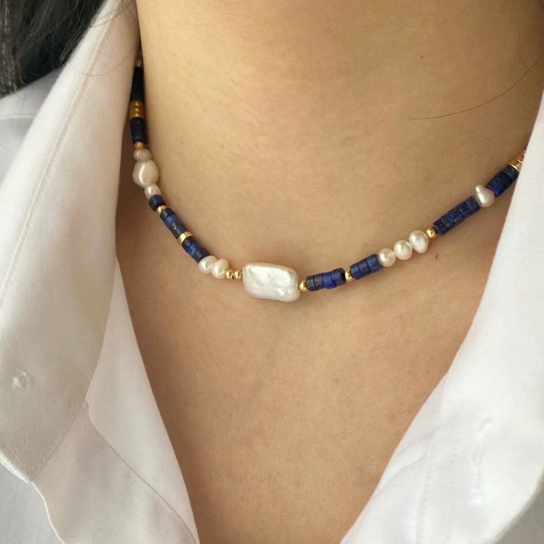 Seymours & Co. Azure Lapis Lazuli & Pearl Necklace and Jade Earrings 2 piece Gift Set