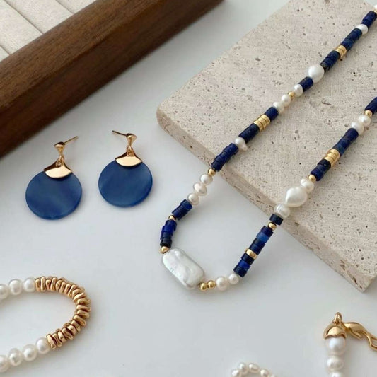 Seymours & Co. Azure Lapis Lazuli & Pearl Necklace and Jade Earrings 2 piece Gift Set