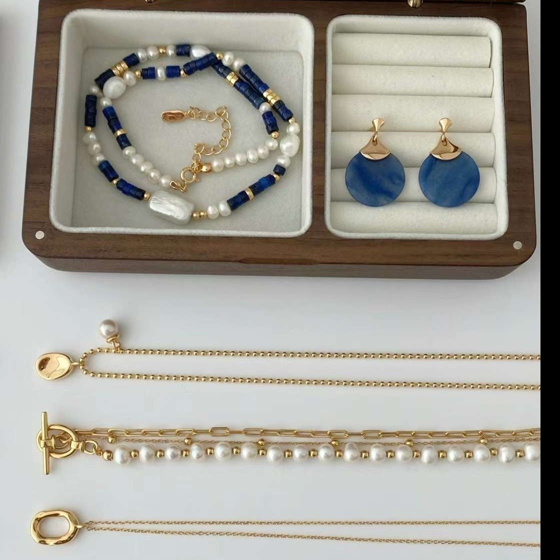 Seymours & Co. Azure Lapis Lazuli & Pearl Necklace and Jade Earrings 2 piece Gift Set