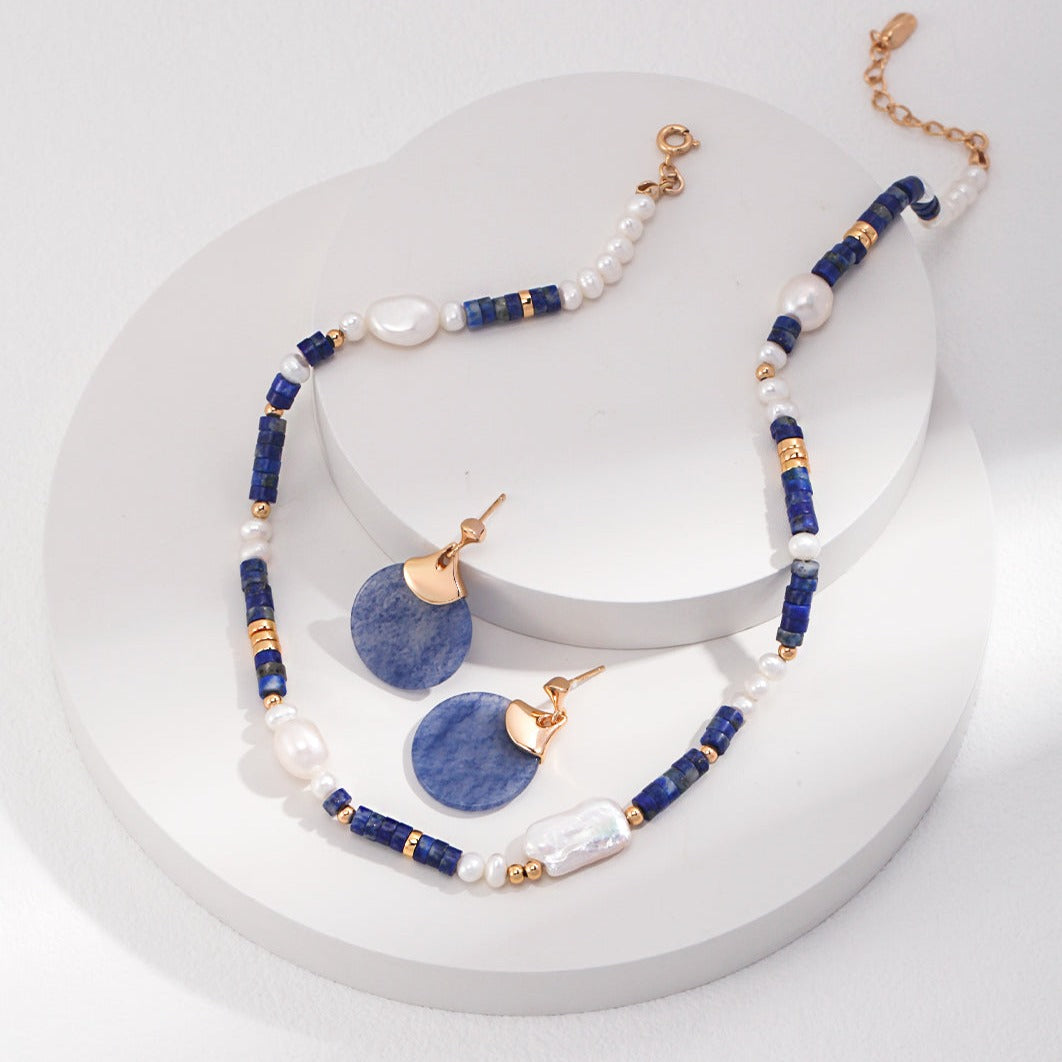 Seymours & Co. Azure Lapis Lazuli & Pearl Necklace and Jade Earrings 2 piece Gift Set