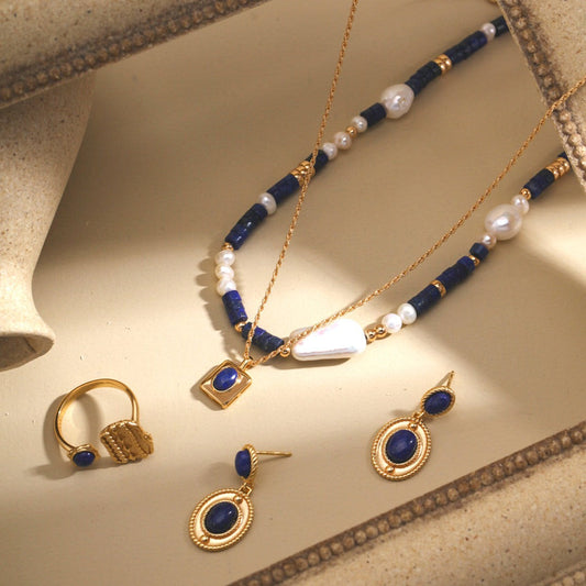 Seymours & Co. Azure Lapis Lazuli & Pearl Necklaces, Ring and Earrings 4 piece Gift Set