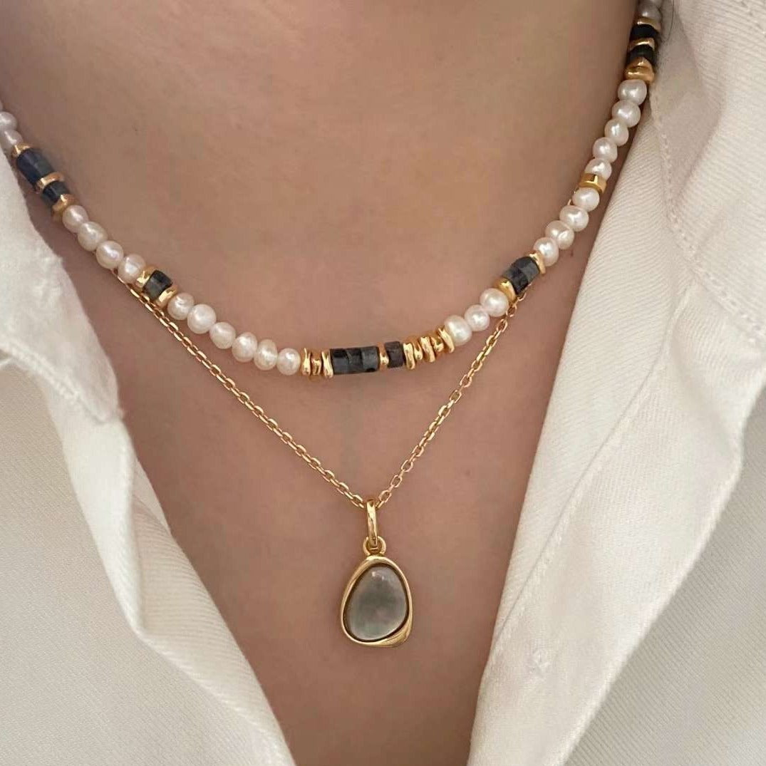 Seymours & Co. Black Labradorite Gold Nuggets Pearl Necklace