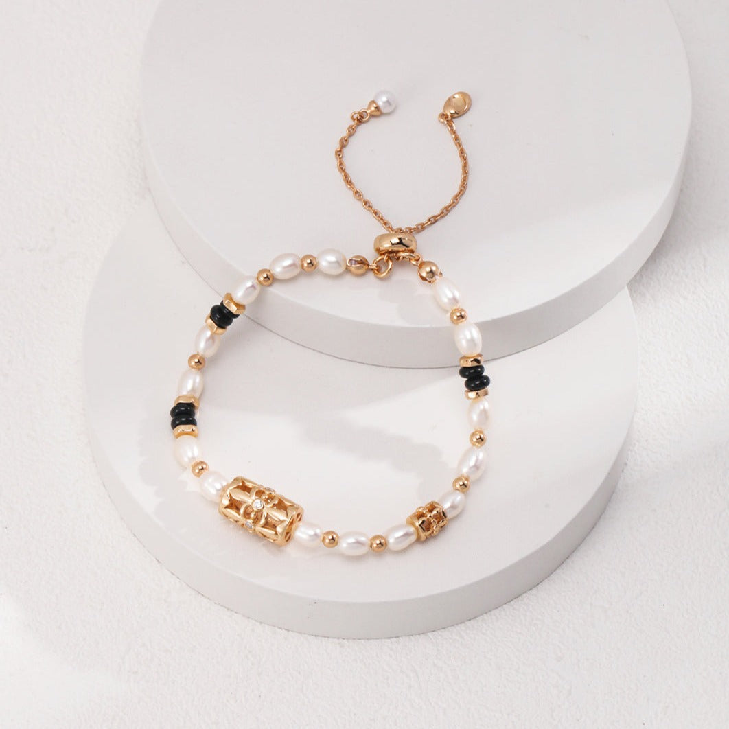 Seymours & Co. Black Agate Gold Pearl Bracelet